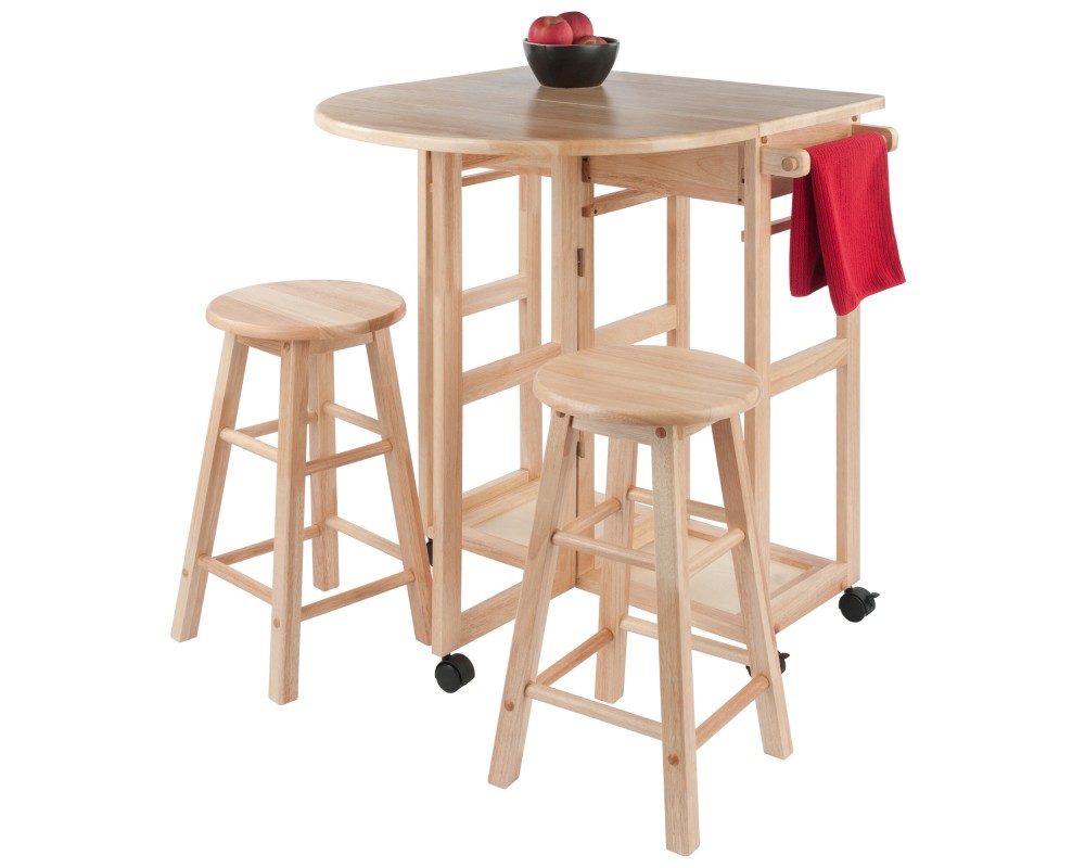 Burnett Space-Saver Table Set with 2 Tuck-Away Stools, 33' High, 30' Wide, Natural