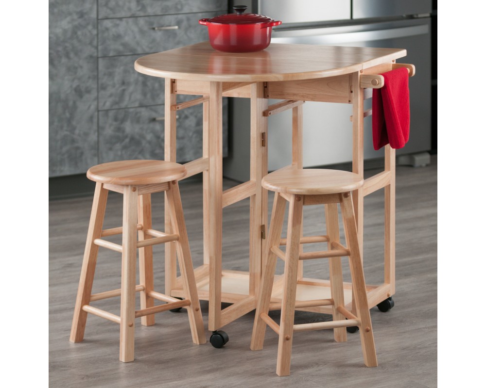 Burnett Space-Saver Table Set with 2 Tuck-Away Stools, 33' High, 30' Wide, Natural