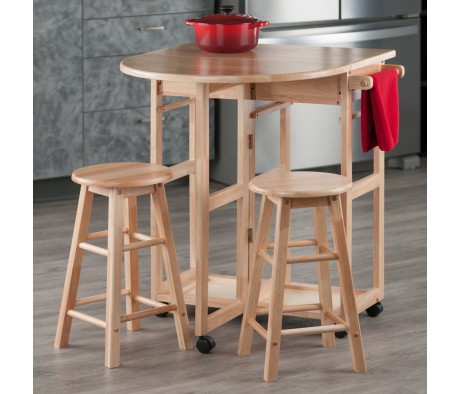 Burnett Space-Saver Table Set with 2 Tuck-Away Stools, 33' High, 30' Wide, Natural