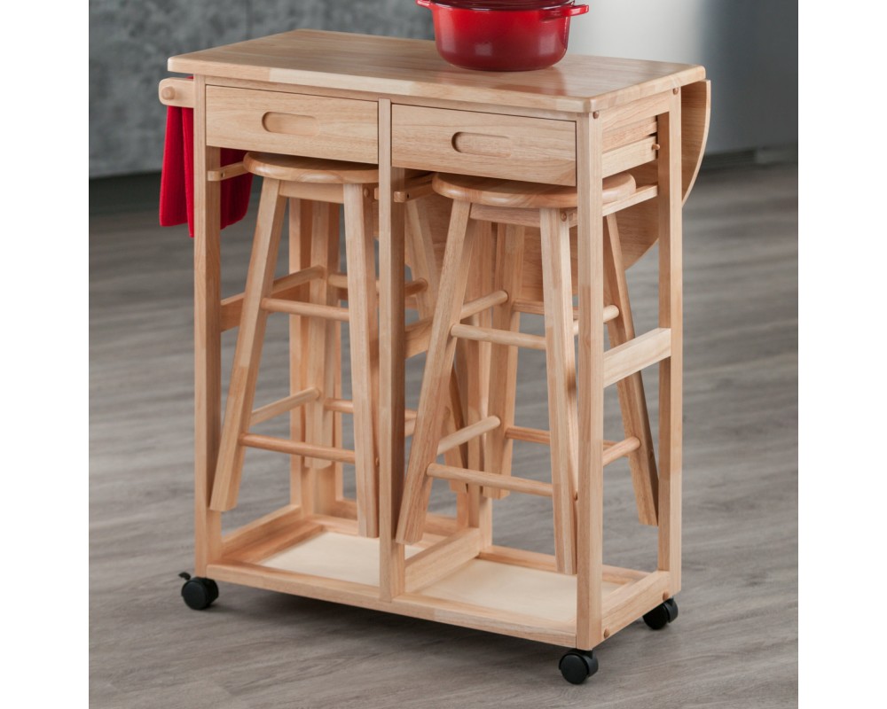 Burnett Space-Saver Table Set with 2 Tuck-Away Stools, 33' High, 30' Wide, Natural