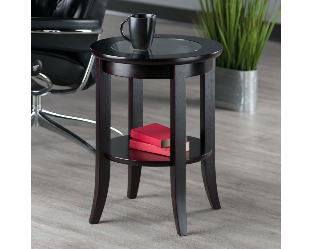 Genoa Glass-Top Round End Table, 18' Wide, 23' High, Espresso