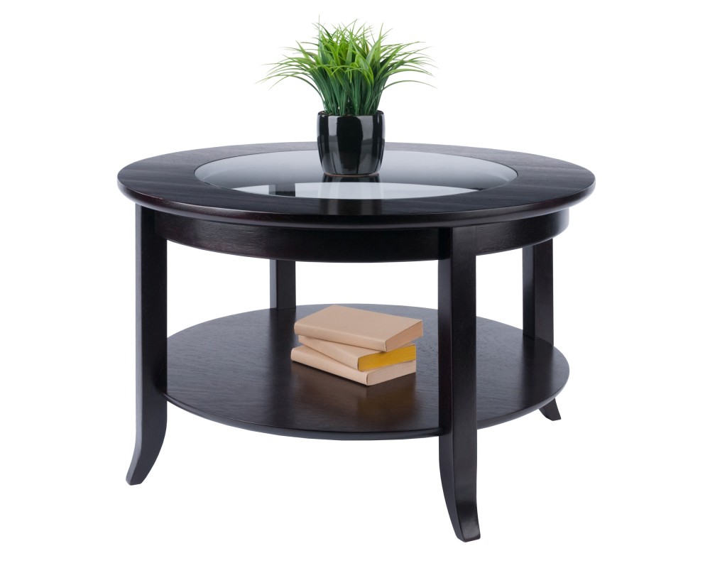 Genoa Glass-Top Round Coffee Table, 30' Wide, 18' High, Espresso