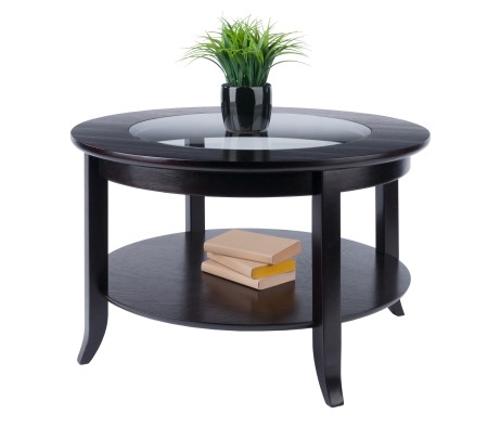 Genoa Glass-Top Round Coffee Table, 30' Wide, 18' High, Espresso