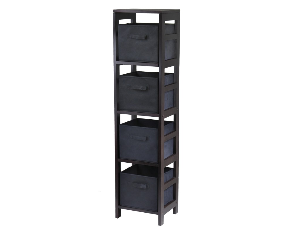 Capri 4-Section Tall Storage Shelf with 4 Foldable Fabric Baskets, 55' High, 13' Wide, Espresso and Black
