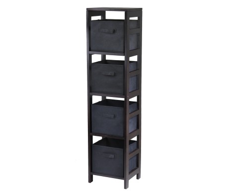Capri 4-Section Tall Storage Shelf with 4 Foldable Fabric Baskets, 55' High, 13' Wide, Espresso and Black