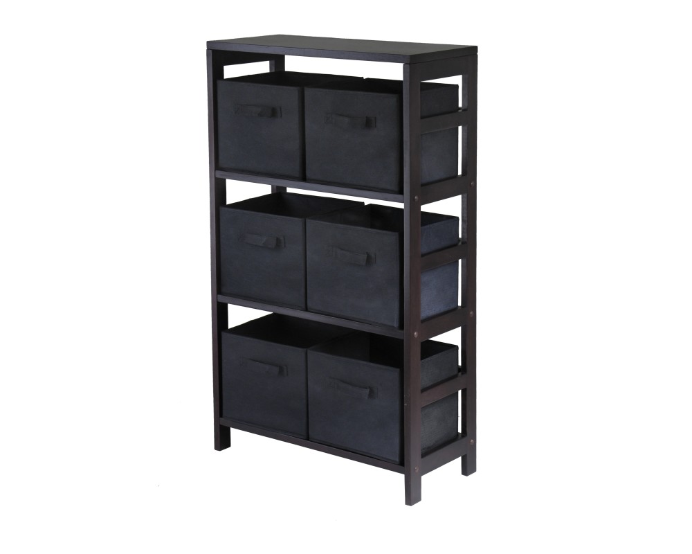 Capri 3-Section Storage Shelf with 6 Foldable Fabric Baskets, 42' High, 25' Wide, Espresso and Black