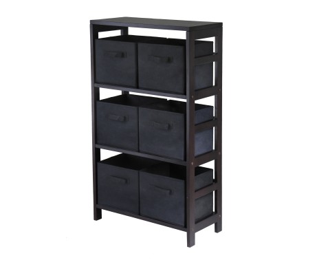 Capri 3-Section Storage Shelf with 6 Foldable Fabric Baskets, 42' High, 25' Wide, Espresso and Black