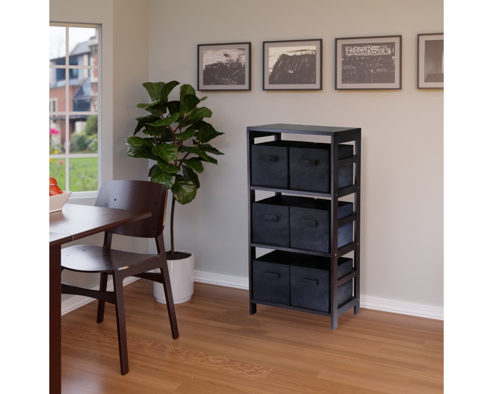 Capri 3-Section Storage Shelf with 6 Foldable Fabric Baskets, 42' High, 25' Wide, Espresso and Black