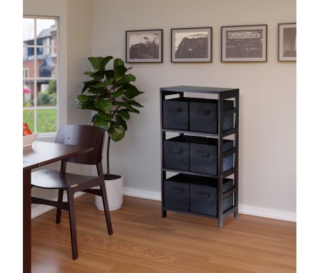 Capri 3-Section Storage Shelf with 6 Foldable Fabric Baskets, 42' High, 25' Wide, Espresso and Black