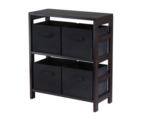 Capri 2-Section Storage Shelf with 4 Foldable Fabric Baskets, 29' High, 25' Wide, Espresso and Black