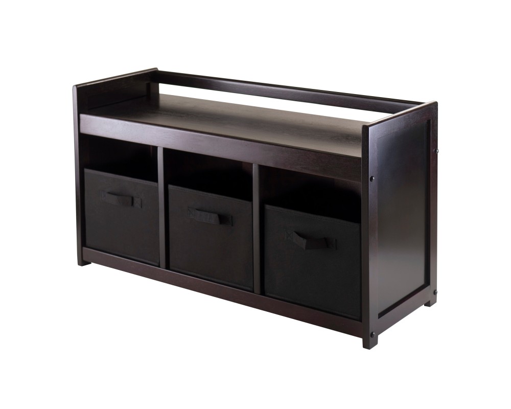 Addison Storage Bench with 3 Drawers, 3 Fabric Baskets, 38 Wide, 22 High, Espresso and Black