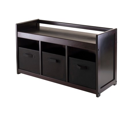 Addison Storage Bench with 3 Drawers, 3 Fabric Baskets, 38 Wide, 22 High, Espresso and Black