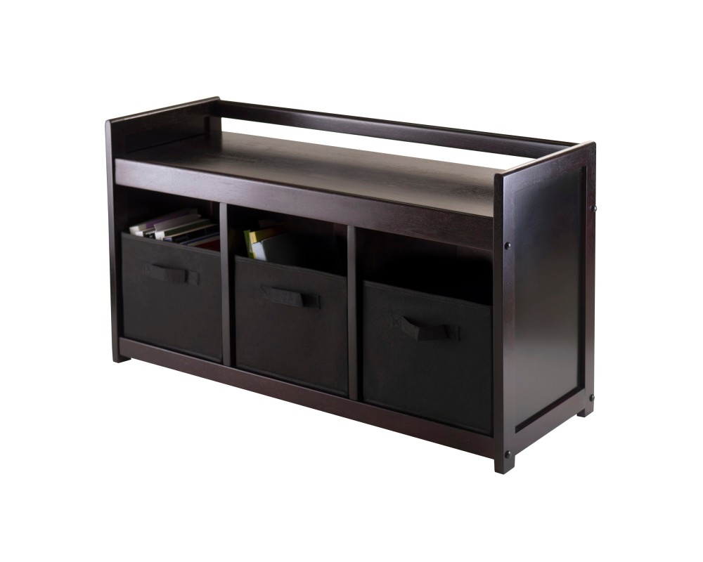 Addison Storage Bench with 3 Drawers, 3 Fabric Baskets, 38 Wide, 22 High, Espresso and Black
