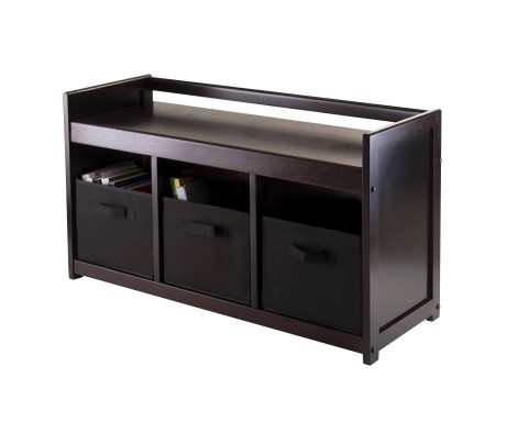 Addison Storage Bench with 3 Drawers, 3 Fabric Baskets, 38 Wide, 22 High, Espresso and Black