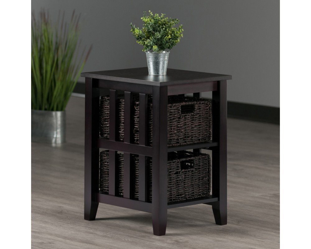 Morris Accent Table with 2 Foldable Corn Husk Baskets, 25' High, 17' Wide, Espresso and Chocolate