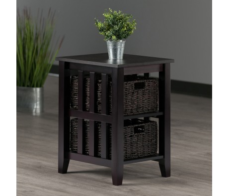 Morris Accent Table with 2 Foldable Corn Husk Baskets, 25' High, 17' Wide, Espresso and Chocolate