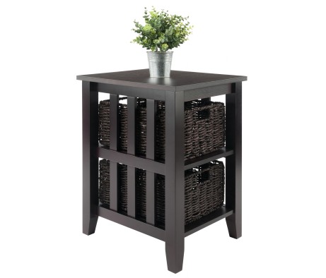 Morris Accent Table with 2 Foldable Corn Husk Baskets, 25' High, 17' Wide, Espresso and Chocolate