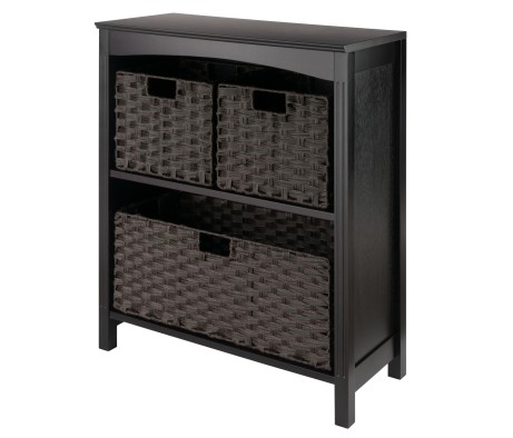 Terrace 4-Pc 2-Tier Storage Shelf with 2 Small and 1 Wide Basket Foldable Woven Fiber Baskets, Espresso and Chocolate