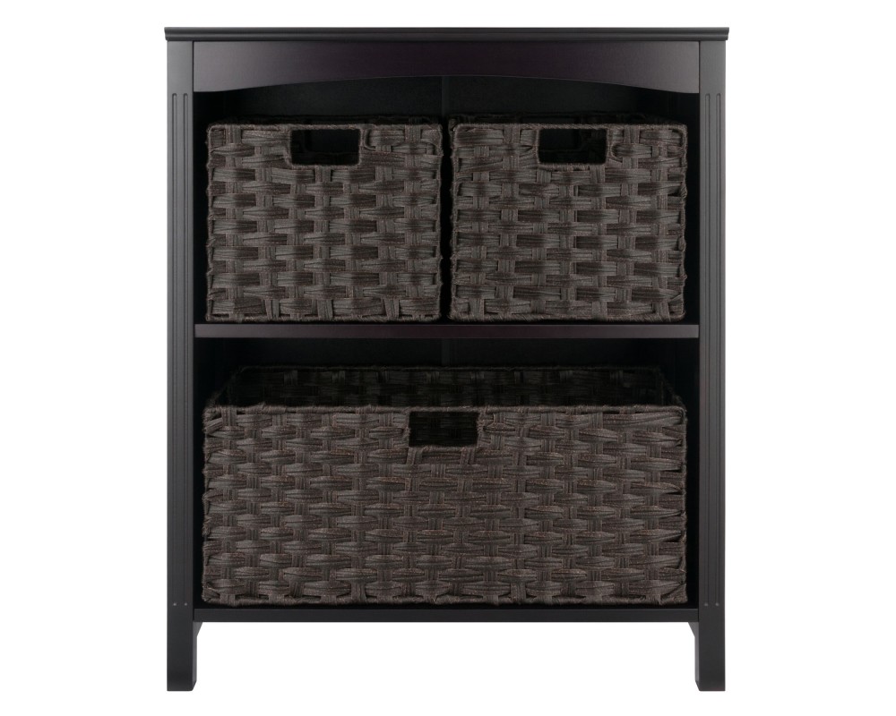 Terrace 4-Pc 2-Tier Storage Shelf with 2 Small and 1 Wide Basket Foldable Woven Fiber Baskets, Espresso and Chocolate