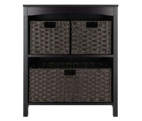 Terrace 4-Pc 2-Tier Storage Shelf with 2 Small and 1 Wide Basket Foldable Woven Fiber Baskets, Espresso and Chocolate