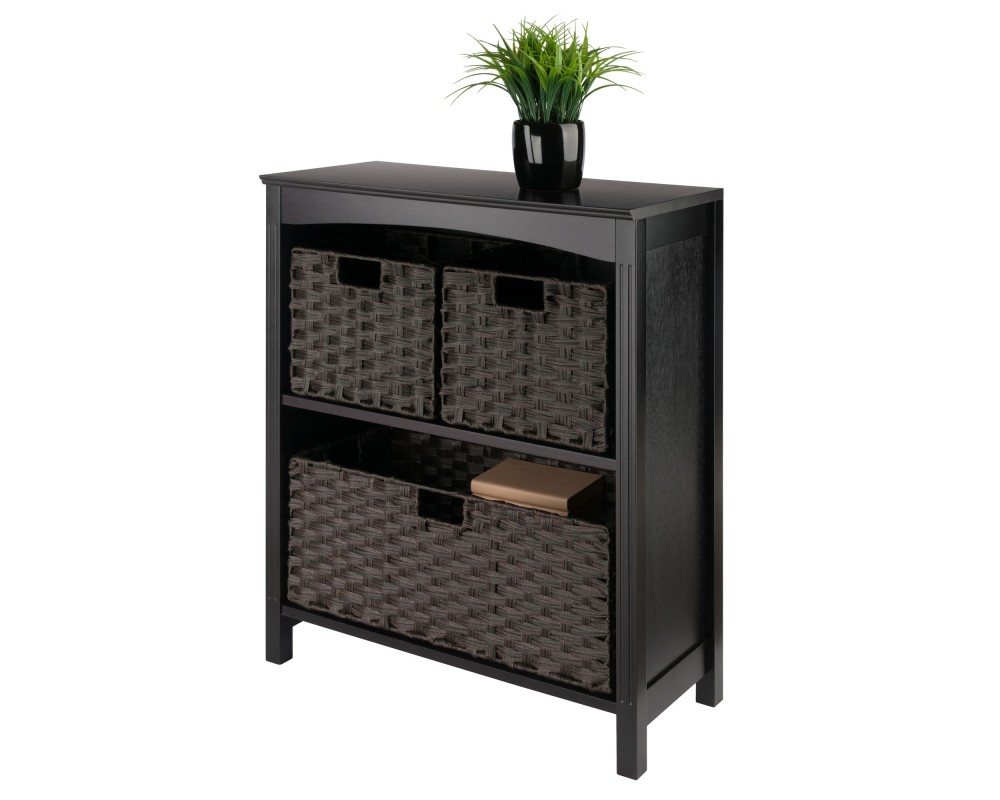 Terrace 4-Pc 2-Tier Storage Shelf with 2 Small and 1 Wide Basket Foldable Woven Fiber Baskets, Espresso and Chocolate