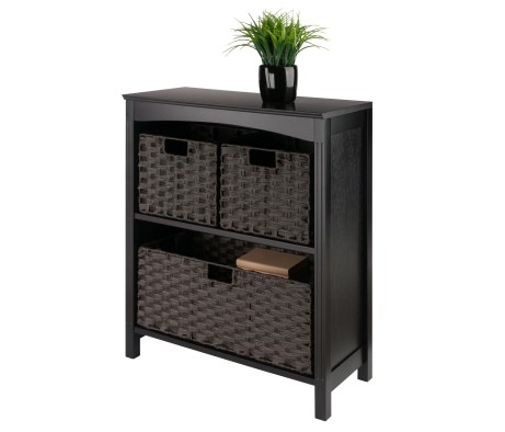 Terrace 4-Pc 2-Tier Storage Shelf with 2 Small and 1 Wide Basket Foldable Woven Fiber Baskets, Espresso and Chocolate