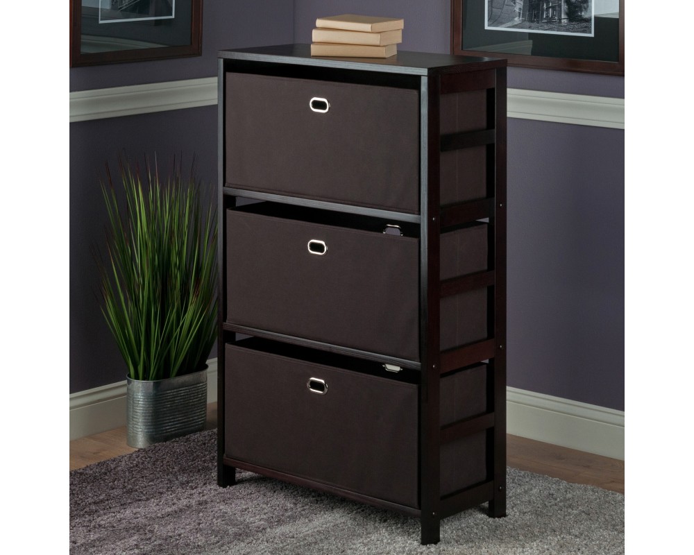 Torino 4-Pc Storage Shelf with 3 Foldable Fabric Baskets, Espresso and Chocolate