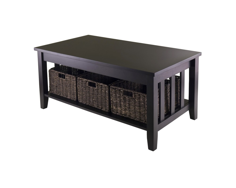 Morris Coffee Table with 3 Foldable Corn Husk Baskets, 40' Wide, Espresso and Chocolate