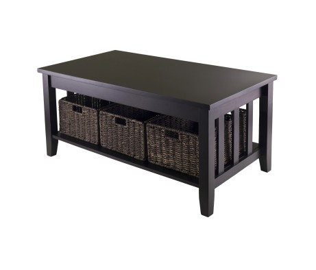 Morris Coffee Table with 3 Foldable Corn Husk Baskets, 40' Wide, Espresso and Chocolate