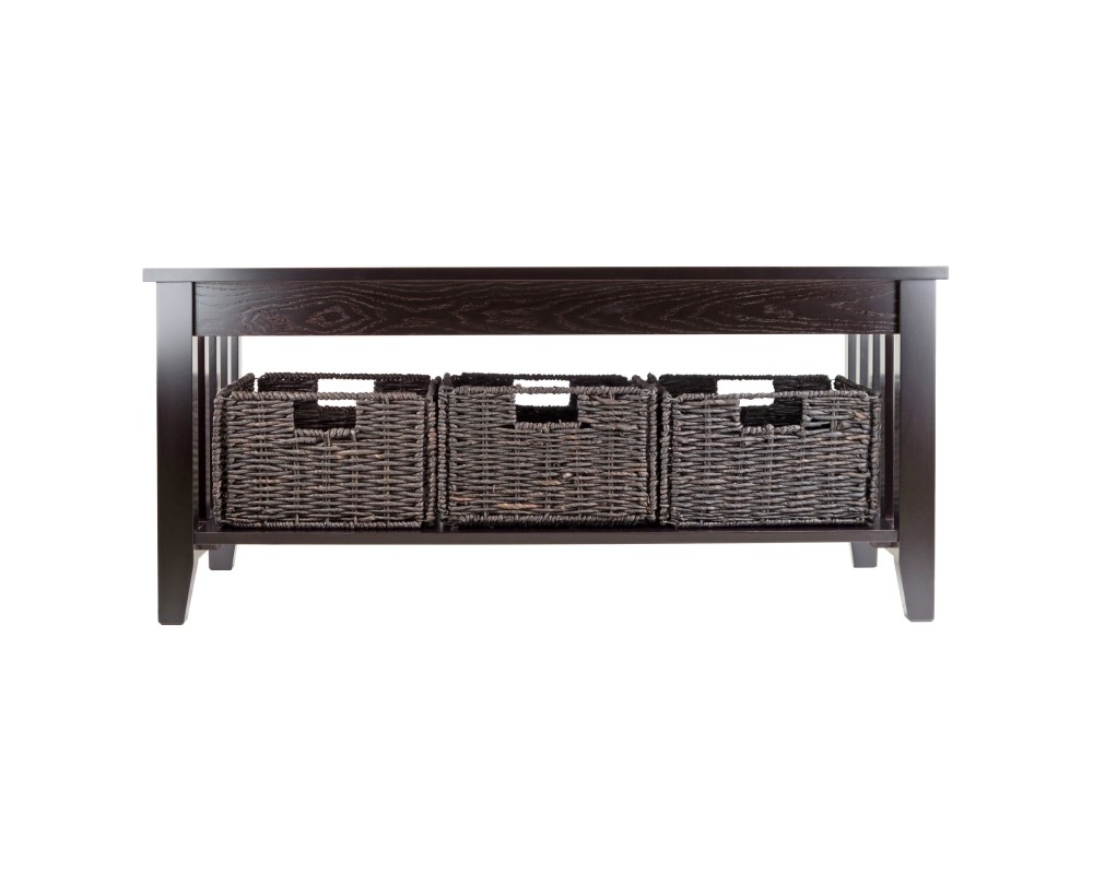 Morris Coffee Table with 3 Foldable Corn Husk Baskets, 40' Wide, Espresso and Chocolate