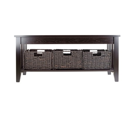 Morris Coffee Table with 3 Foldable Corn Husk Baskets, 40' Wide, Espresso and Chocolate