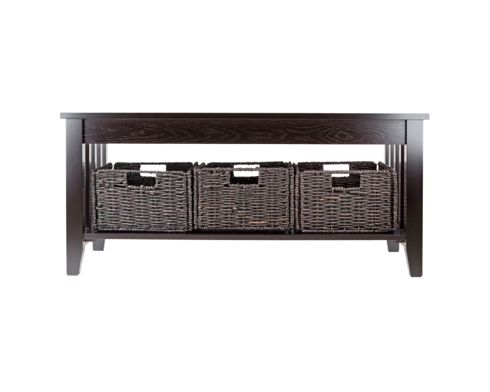 Morris Coffee Table with 3 Foldable Corn Husk Baskets, 40' Wide, Espresso and Chocolate