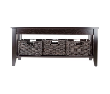 Morris Coffee Table with 3 Foldable Corn Husk Baskets, 40' Wide, Espresso and Chocolate