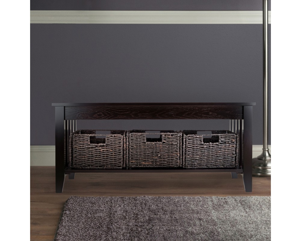Morris Coffee Table with 3 Foldable Corn Husk Baskets, 40' Wide, Espresso and Chocolate