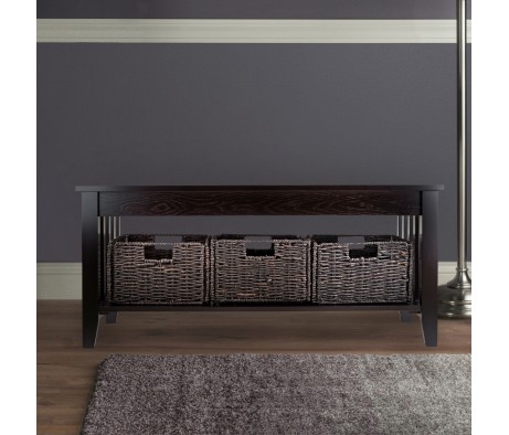 Morris Coffee Table with 3 Foldable Corn Husk Baskets, 40' Wide, Espresso and Chocolate