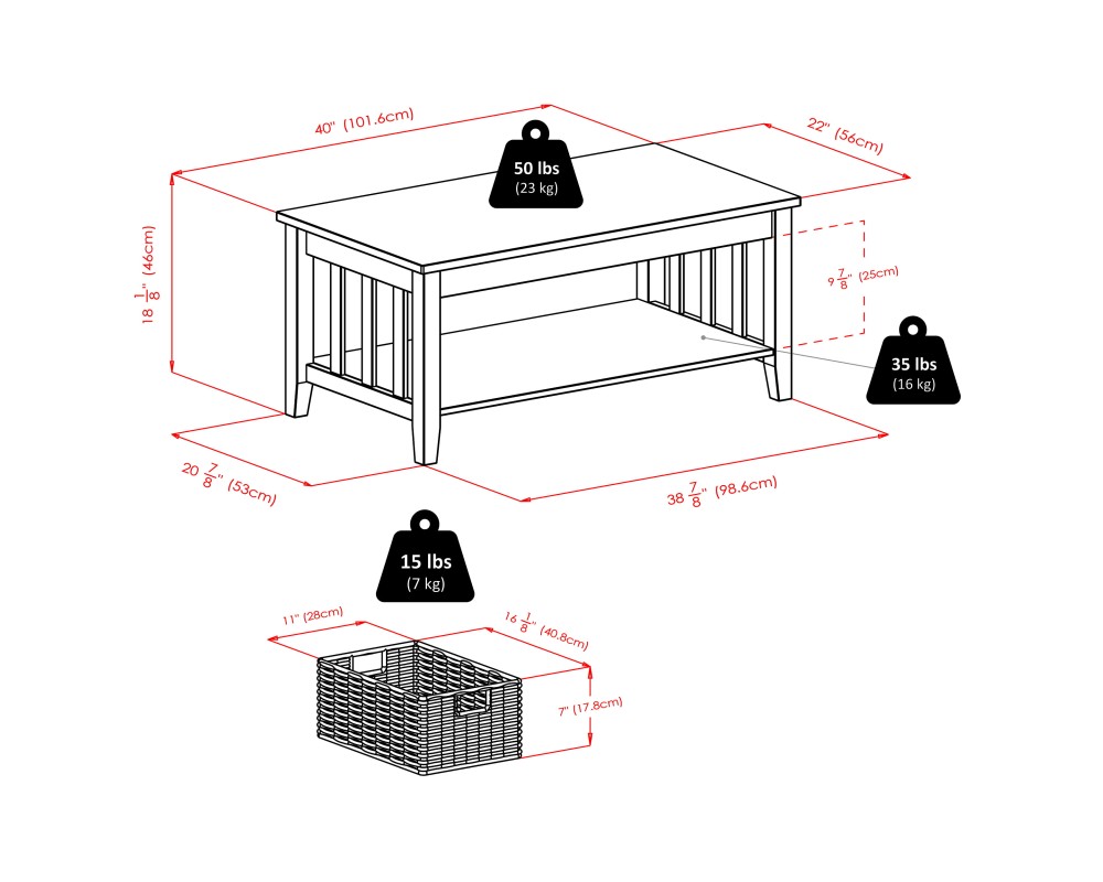 Morris Coffee Table with 3 Foldable Corn Husk Baskets, 40' Wide, Espresso and Chocolate