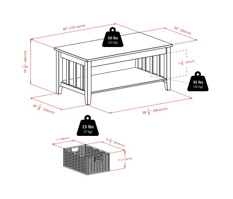 Morris Coffee Table with 3 Foldable Corn Husk Baskets, 40' Wide, Espresso and Chocolate