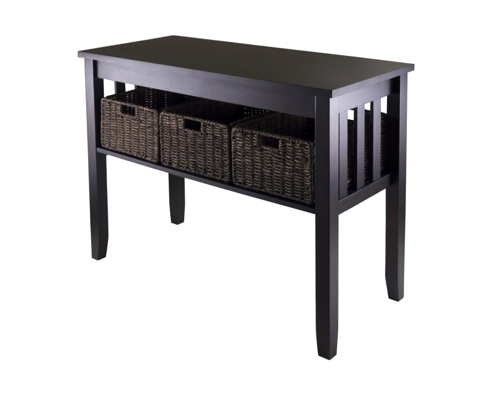 Morris Console Table with 3 Foldable Corn Husk Baskets, 40' Wide, 30' High, Espresso and Chocolate