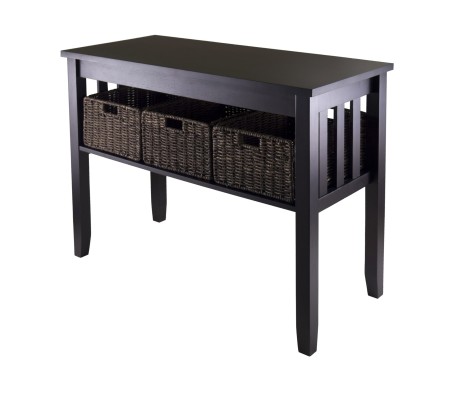 Morris Console Table with 3 Foldable Corn Husk Baskets, 40' Wide, 30' High, Espresso and Chocolate