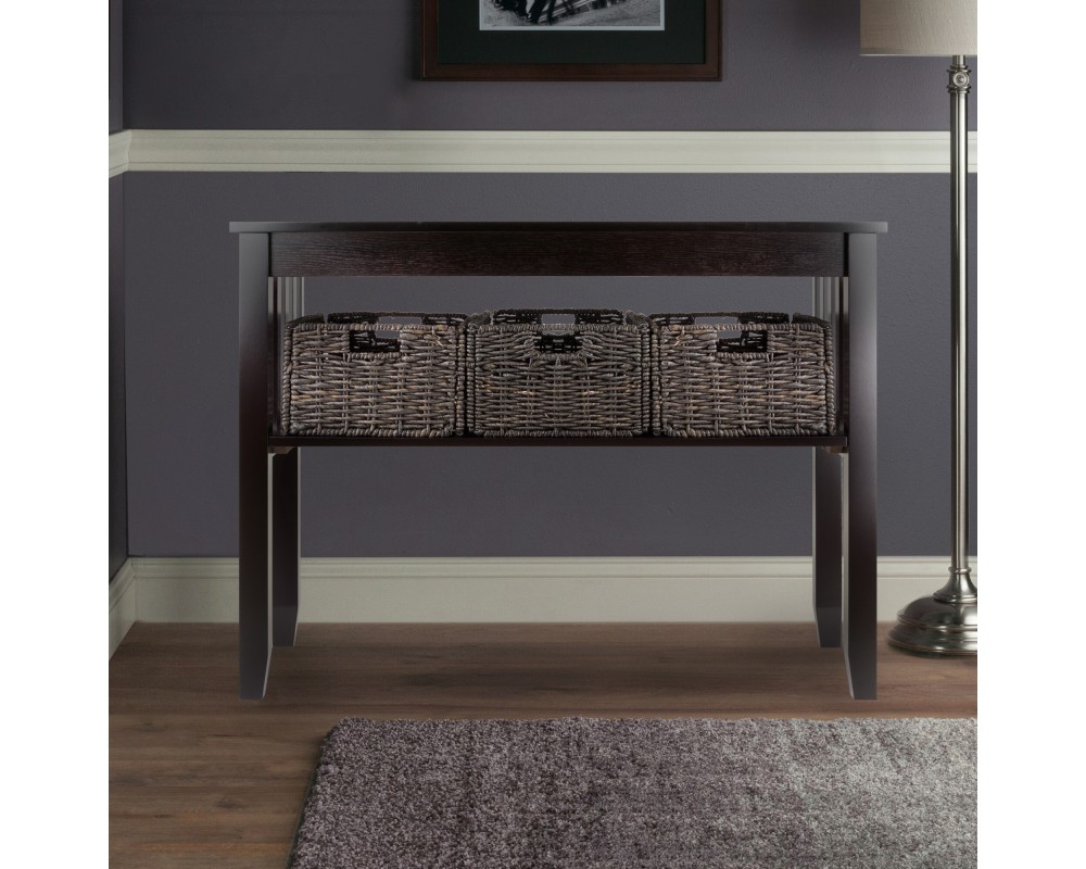 Morris Console Table with 3 Foldable Corn Husk Baskets, 40' Wide, 30' High, Espresso and Chocolate