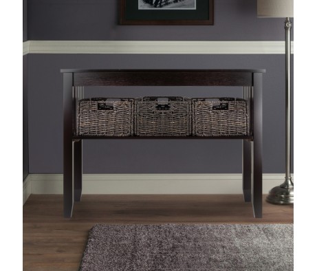Morris Console Table with 3 Foldable Corn Husk Baskets, 40' Wide, 30' High, Espresso and Chocolate