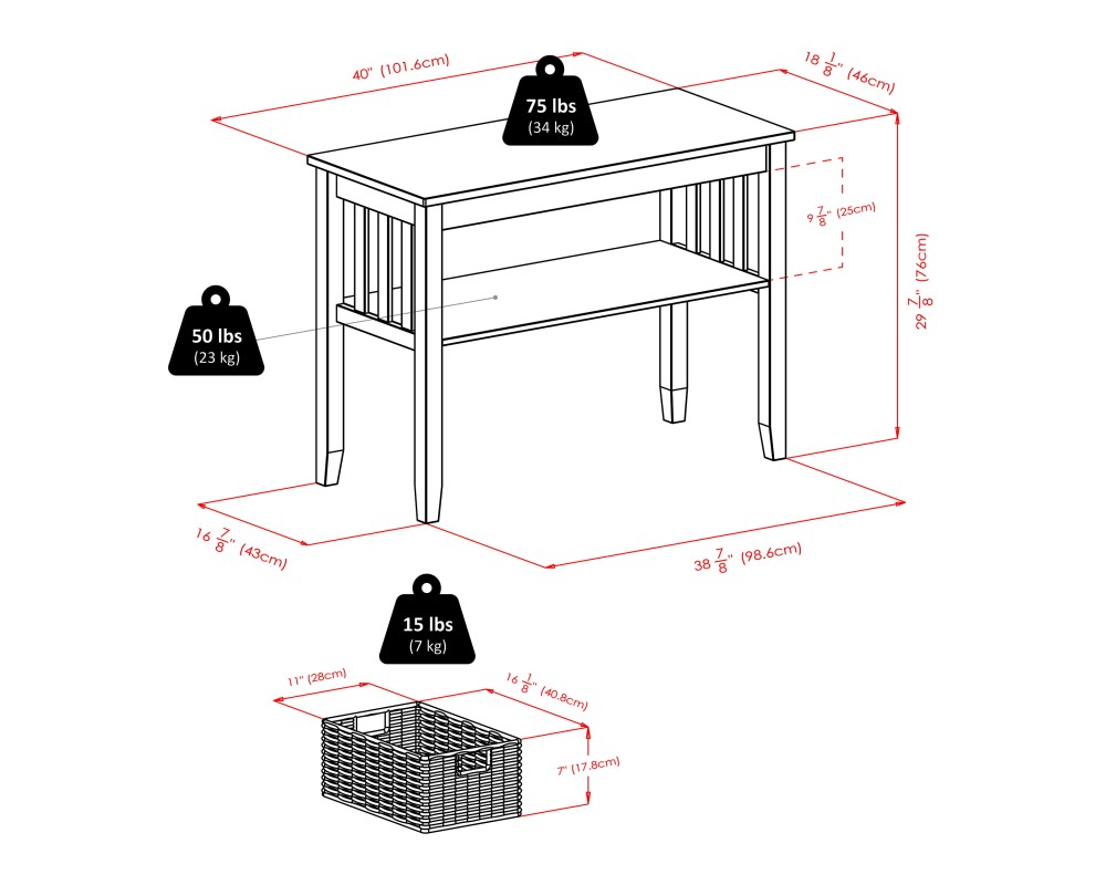 Morris Console Table with 3 Foldable Corn Husk Baskets, 40' Wide, 30' High, Espresso and Chocolate