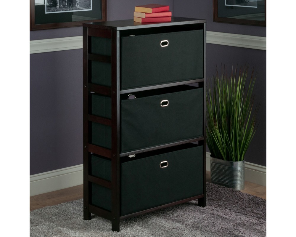 Torino 4-Pc Storage Shelf with 3 Foldable Fabric Baskets, Espresso and Black