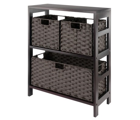 Leo 2-Tier Wide Storage Shelf With 3 Foldable Woven Baskets, 29' High, 25' Wide, Espresso and Chocolate