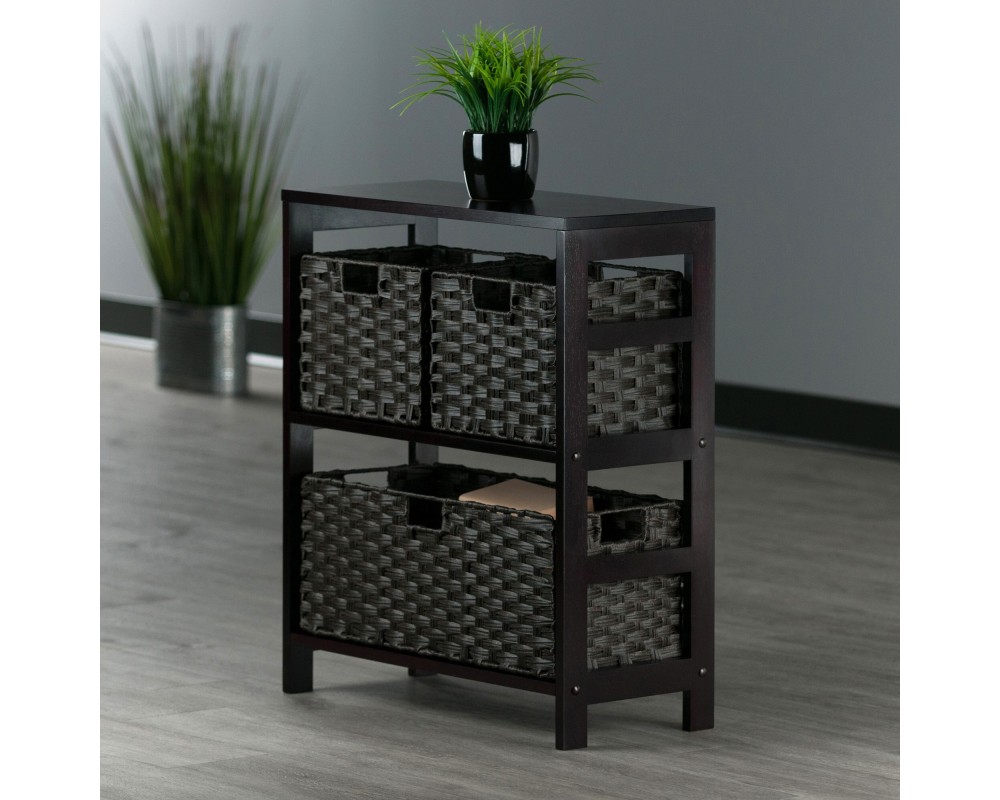 Leo 2-Tier Wide Storage Shelf With 3 Foldable Woven Baskets, 29' High, 25' Wide, Espresso and Chocolate