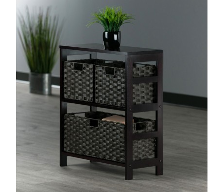 Leo 2-Tier Wide Storage Shelf With 3 Foldable Woven Baskets, 29' High, 25' Wide, Espresso and Chocolate