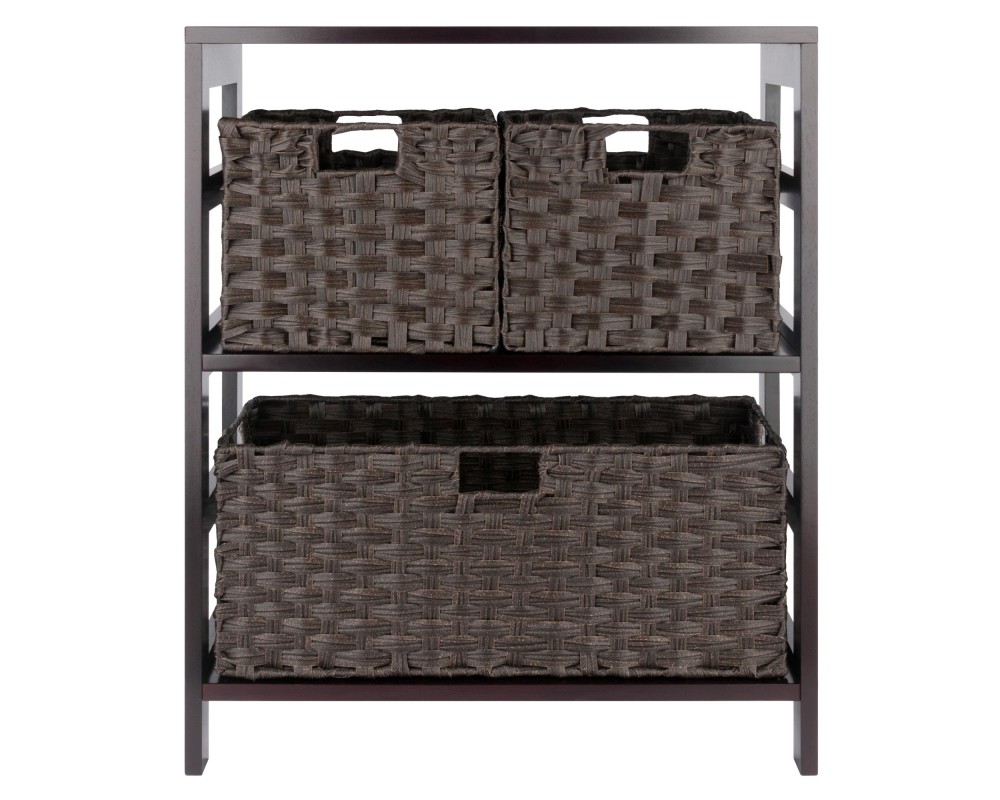 Leo 2-Tier Wide Storage Shelf With 3 Foldable Woven Baskets, 29' High, 25' Wide, Espresso and Chocolate