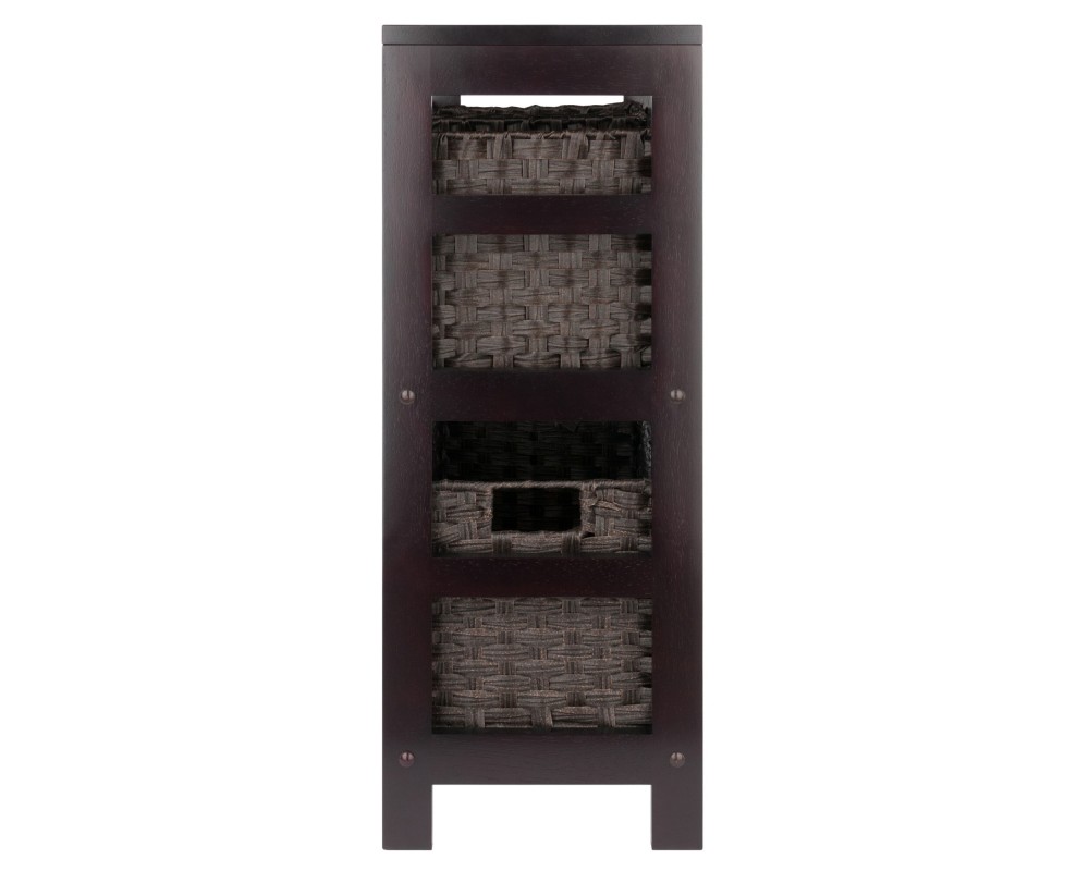 Leo 2-Tier Wide Storage Shelf With 3 Foldable Woven Baskets, 29' High, 25' Wide, Espresso and Chocolate