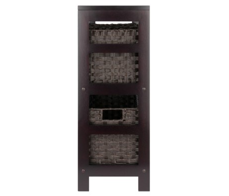 Leo 2-Tier Wide Storage Shelf With 3 Foldable Woven Baskets, 29' High, 25' Wide, Espresso and Chocolate