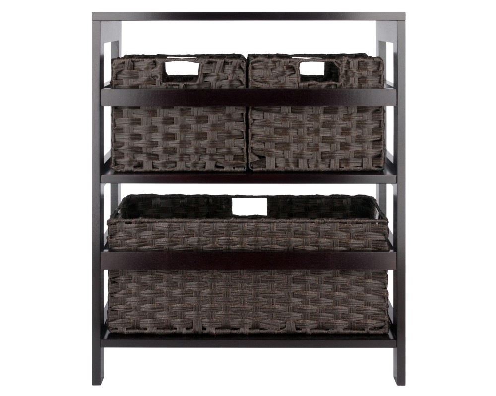 Leo 2-Tier Wide Storage Shelf With 3 Foldable Woven Baskets, 29' High, 25' Wide, Espresso and Chocolate